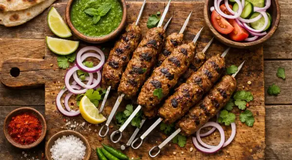 Grillowane kebaby na patykach z dodatkami: zielony sos, sałatka, cytryna, cebula, chili.