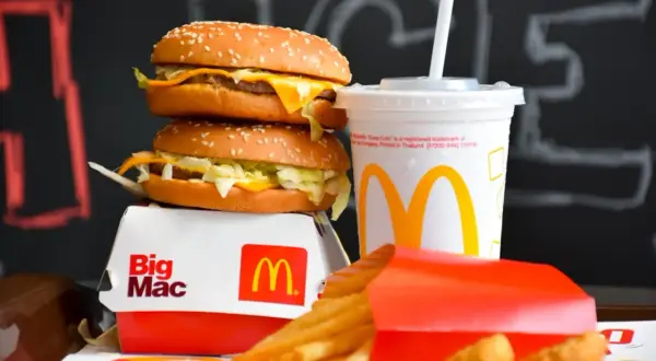 Dwa burgery Big Mac, frytki i napój McDonald's na tle tablicy.