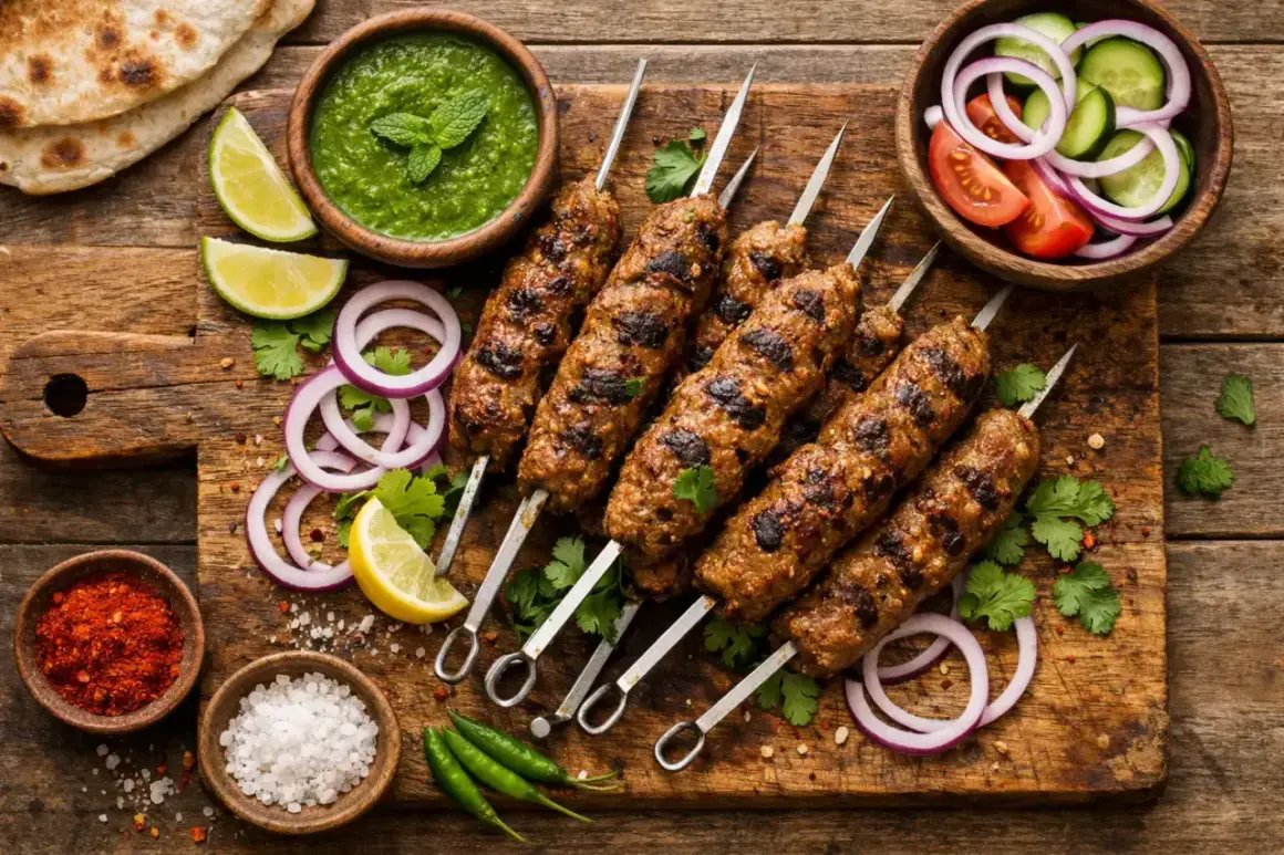 Grillowane kebaby na patykach z dodatkami: zielony sos, sałatka, cytryna, cebula, chili.